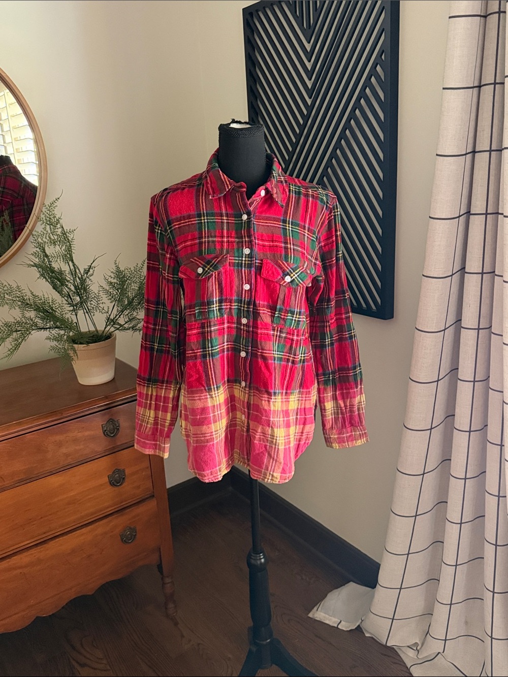 Panache Red and Green Plaid bleach dipped Button-Up Shirt small